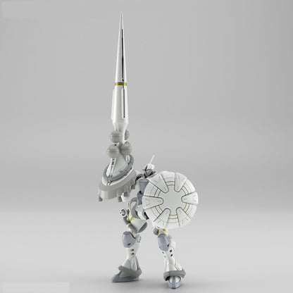 White and gray mecha model with a long lance over its shoulder and a round shield
