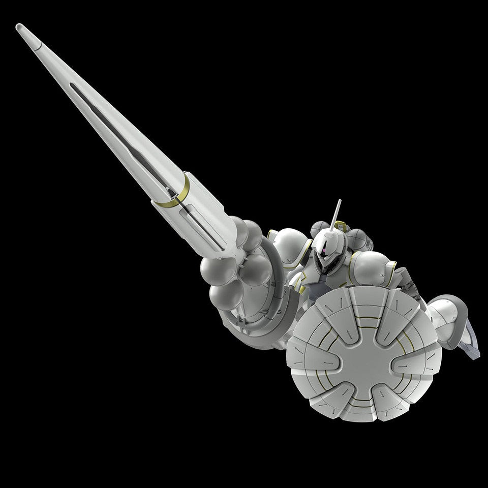 White armored mecha aims a long lance, large circular shield on its arm