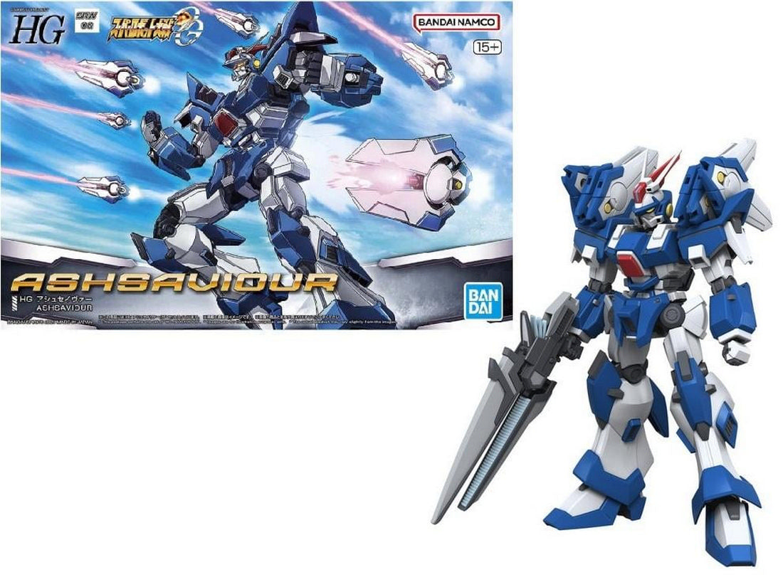 Box art of ASH SAVIOUR blue and white robot in action, alongside its assembled plastic model with a rifle