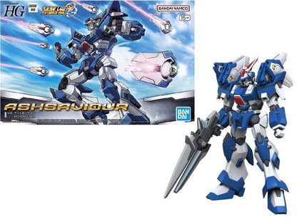 Box art of ASH SAVIOUR blue and white robot in action, alongside its assembled plastic model with a rifle