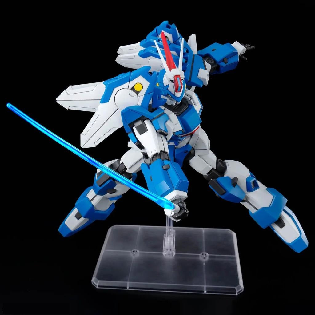 Dynamic blue & white robot model holding a glowing blue beam saber on a display stand, black background