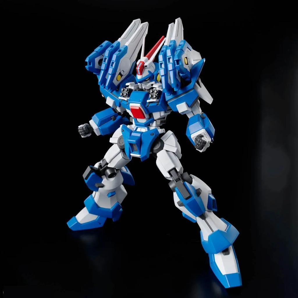 Blue and white robot model with red visor and shoulder weapons, standing dynamically on a black background