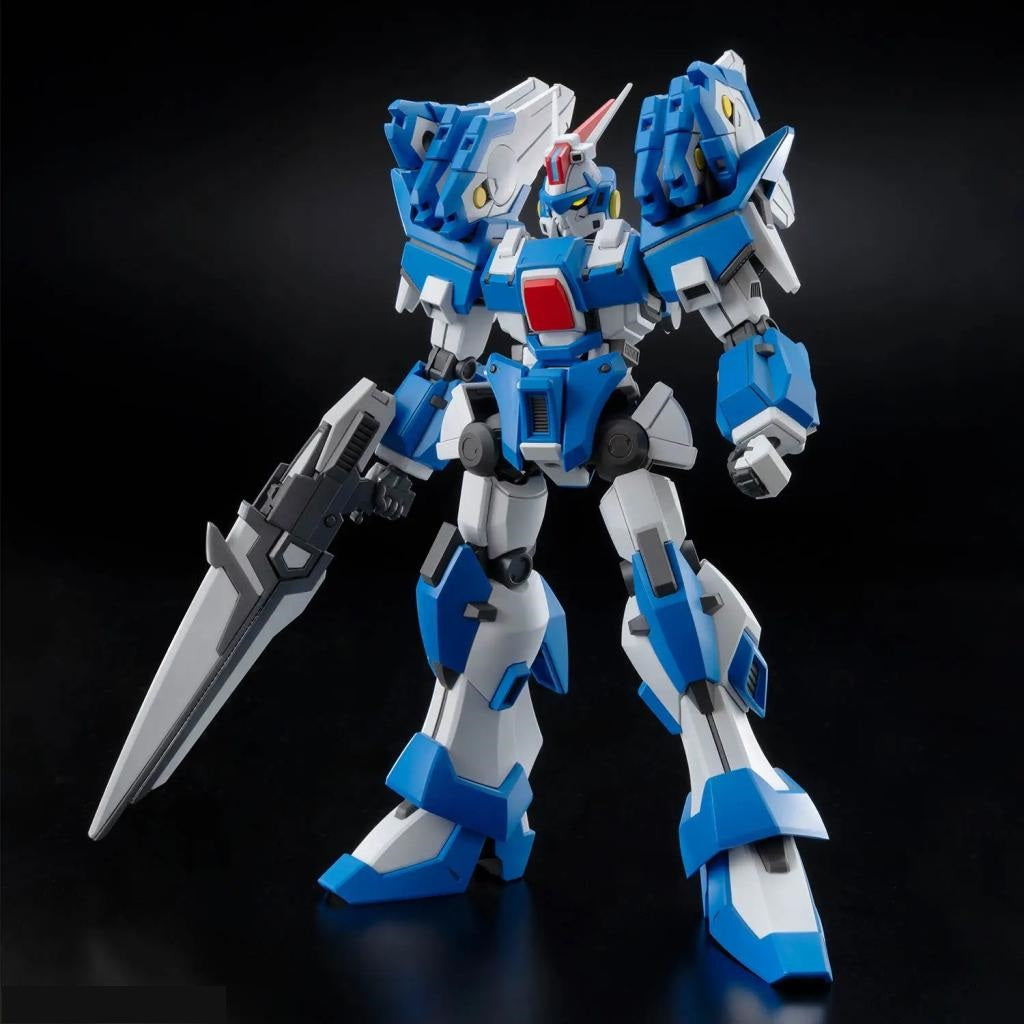 Blue and white mech model stands holding a large rifle-sword