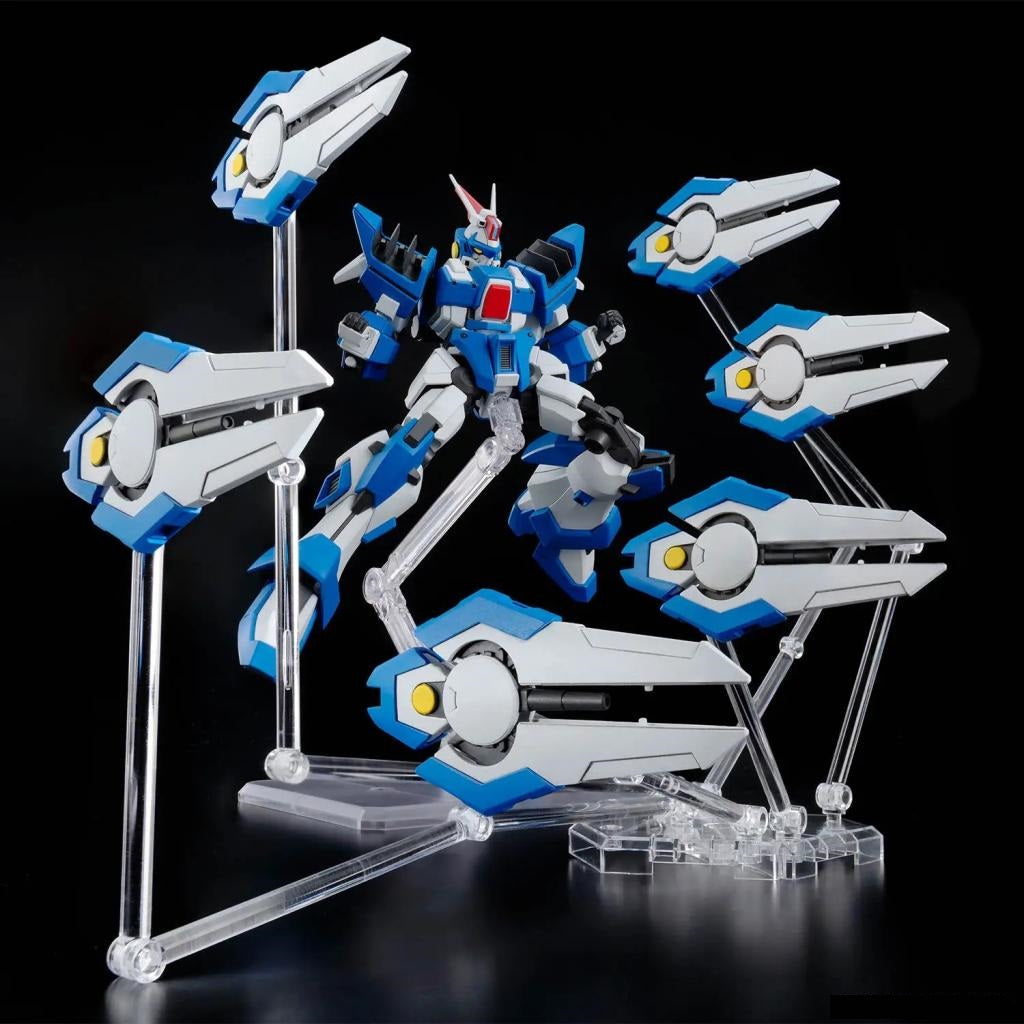Blue and white mecha model in a dynamic pose, surrounded by six floating weapon bits, all on clear stands