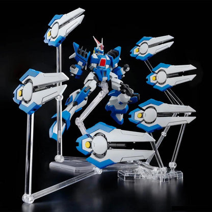 Blue and white mecha model in a dynamic pose, surrounded by six floating weapon bits, all on clear stands