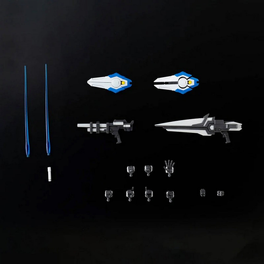 A collection of sci-fi model kit accessories: beam sabers, shields, two rifles, and multiple interchangeable hands on a black background