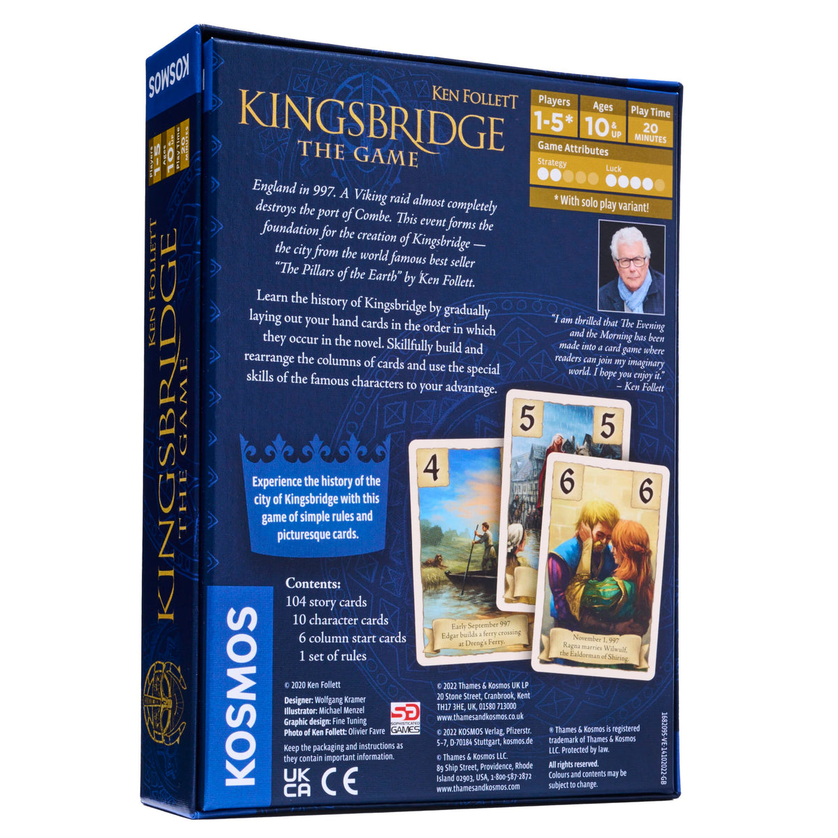 Kingsbridge The Card Game close-up of game components including cards and tokens on wooden table