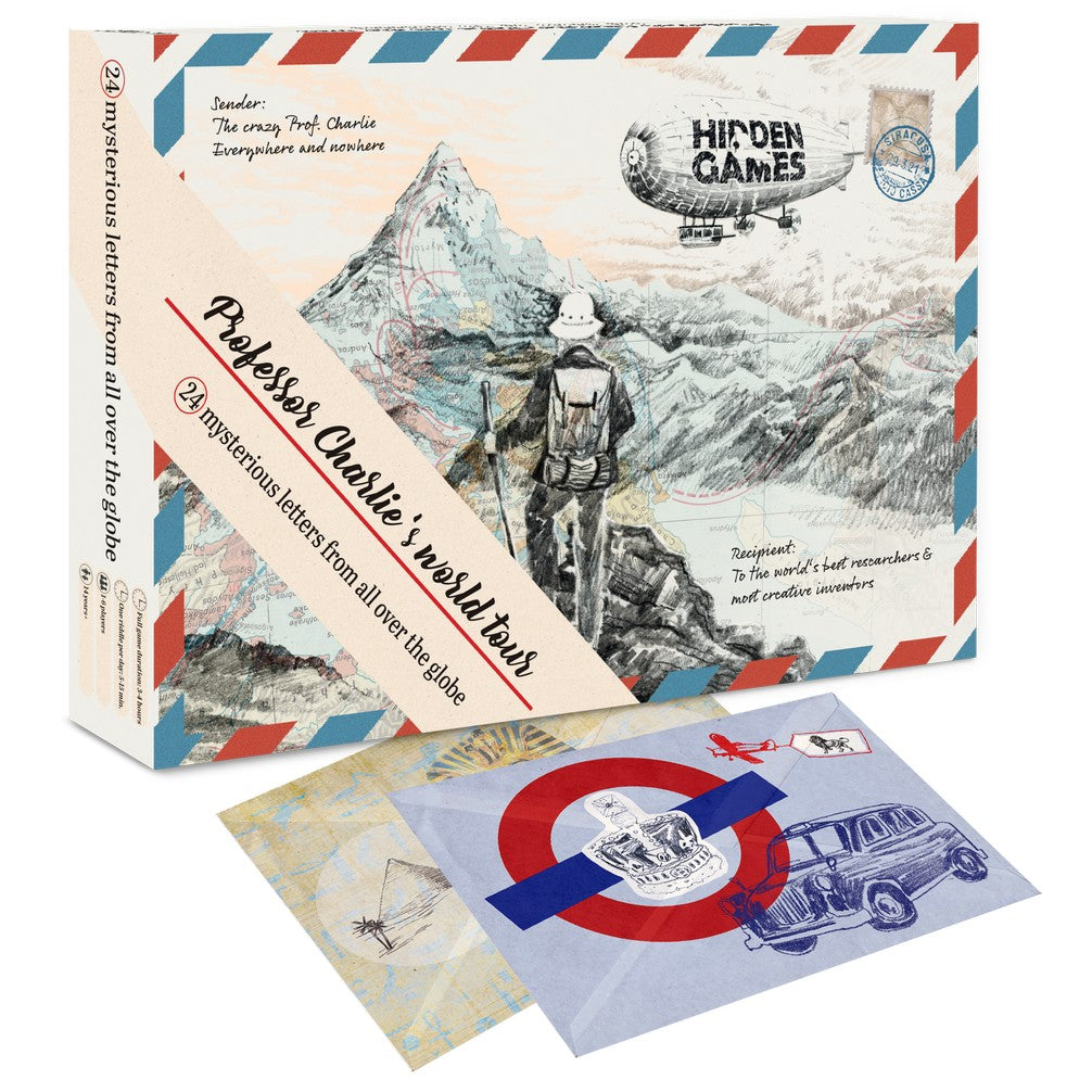 Professor Charlie&#39;s world tour game box with airmail design, hiker, zeppelin, and two illustrated envelopes