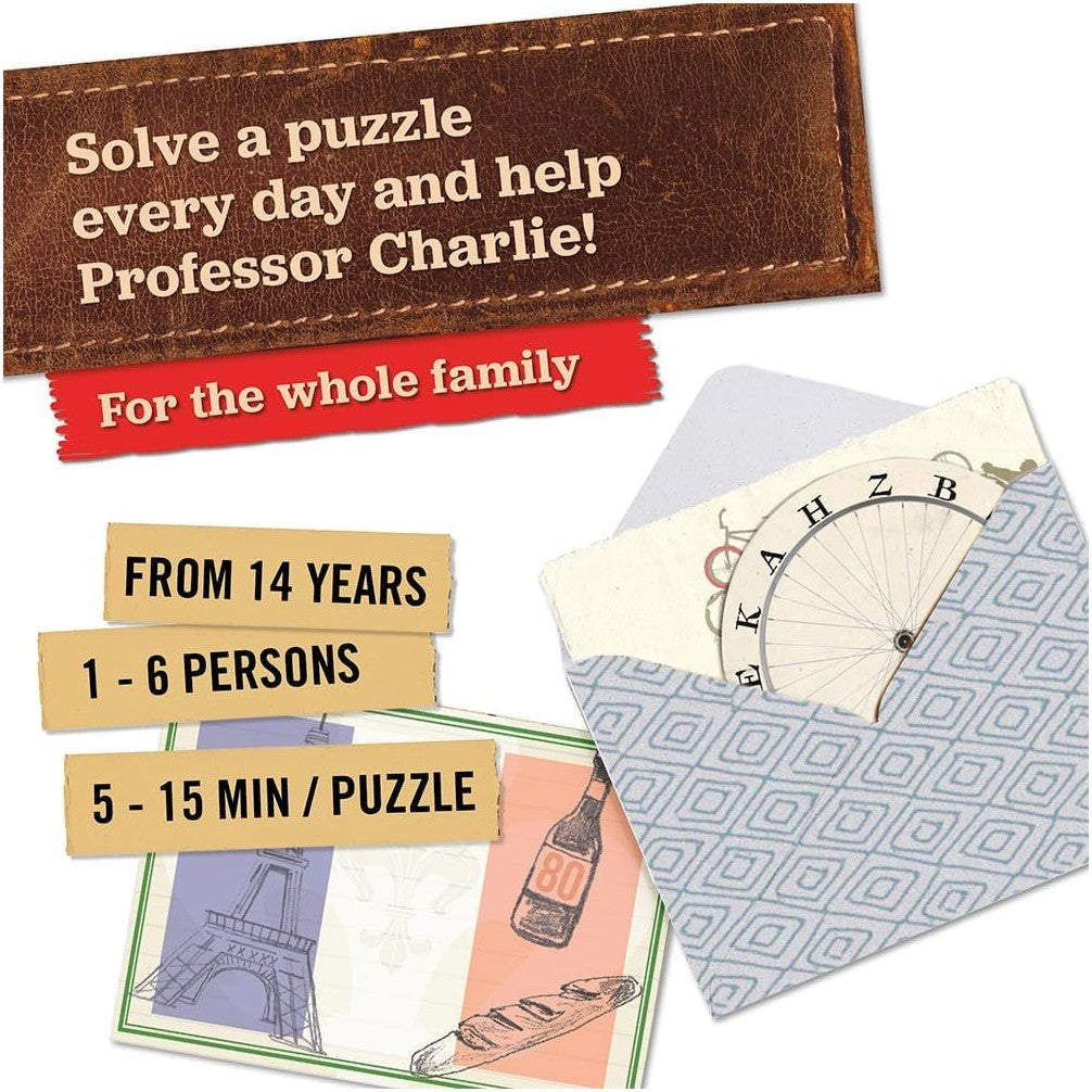 Puzzle game ad: &quot;Solve a puzzle every day and help Professor Charlie!&quot; Features puzzle pieces like a decoder wheel and themed cards