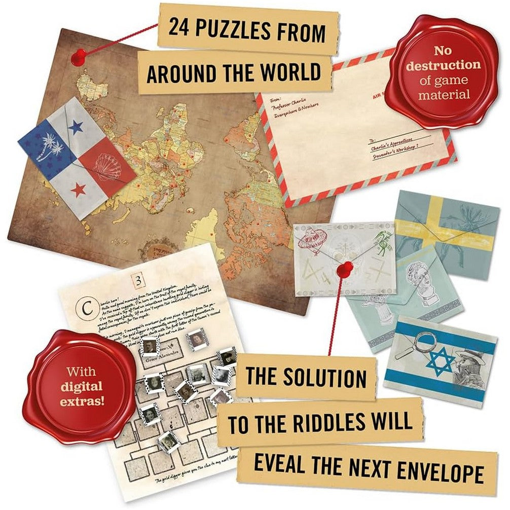 A global mystery puzzle game set, featuring a world map, envelopes, and papers, where 24 riddles are solved