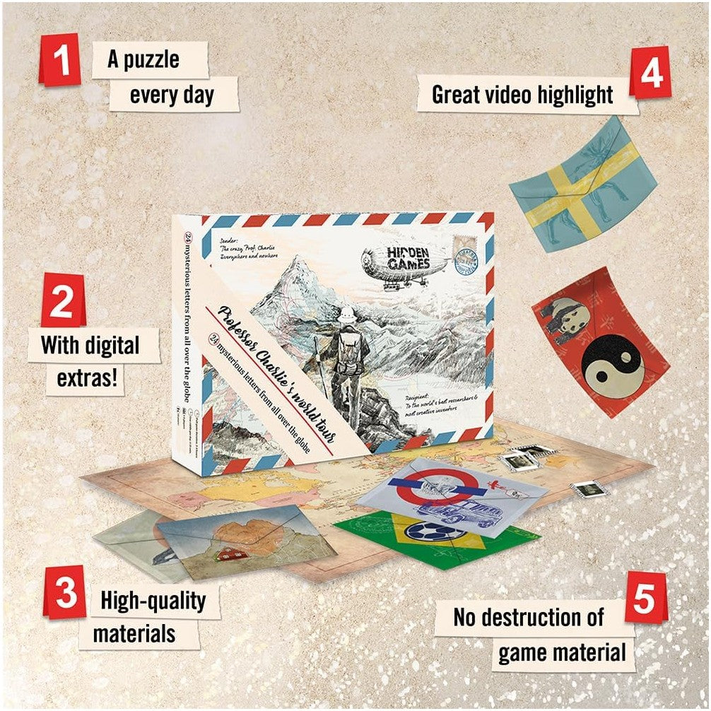 Professor Charlie&#39;s World Tour game box resembling a letter, surrounded by world map &amp; clue envelopes with feature labels