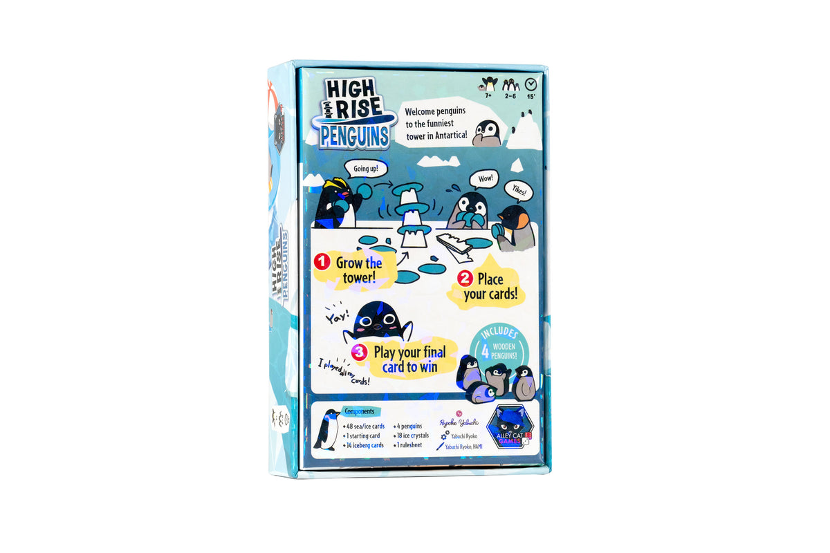 High Rise Penguins board game box with cartoon penguins stacking ice to build a tower. Game details and components shown
