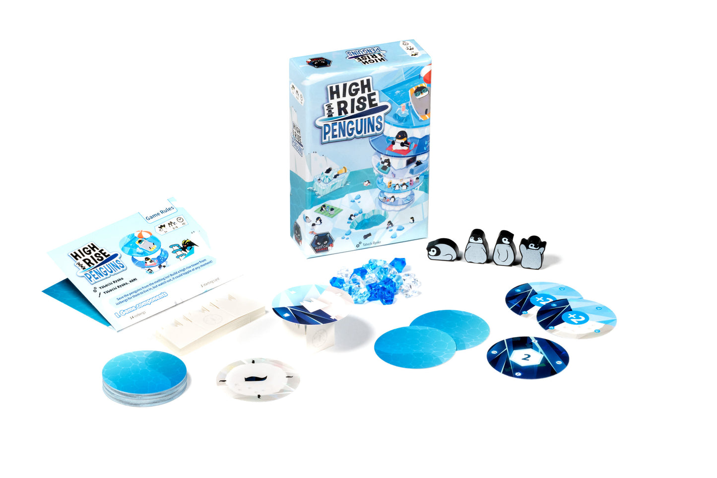 High Rise Penguins board game box and components: rulebook, penguin tokens, blue discs, and ice pieces