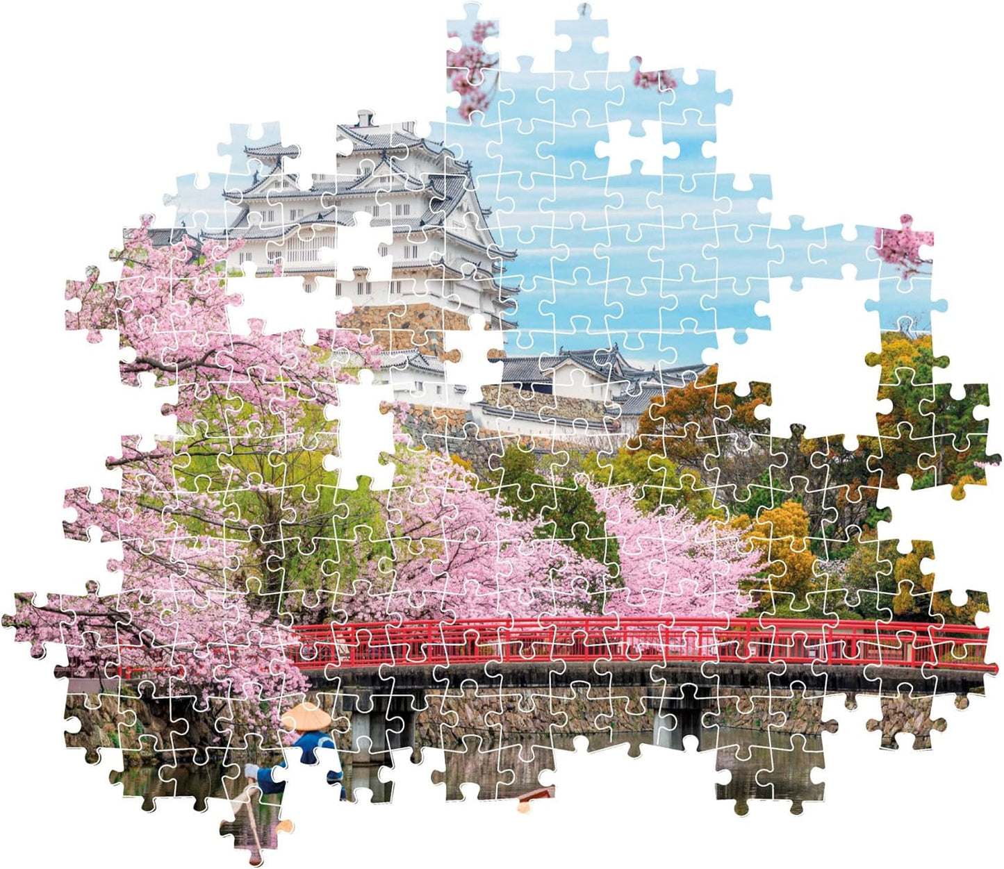 Jigsaw puzzle of Himeji Castle, pink cherry blossoms, and a red bridge over a moat.