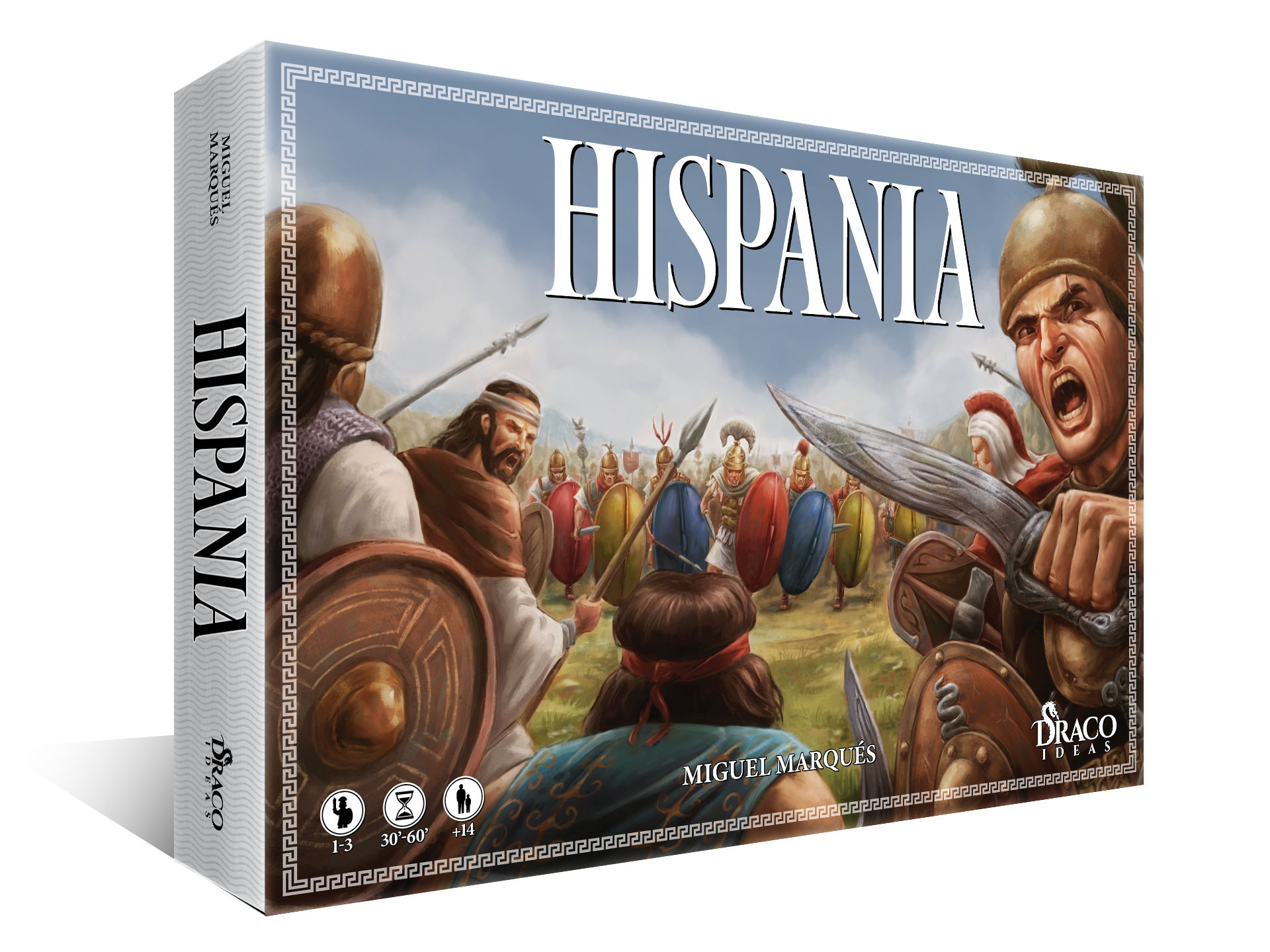 Board game box: "HISPANIA". Ancient battle scene with a screaming warrior holding a sword and other soldiers