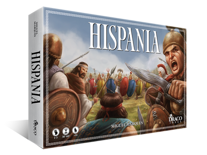Board game box: "HISPANIA". Ancient battle scene with a screaming warrior holding a sword and other soldiers