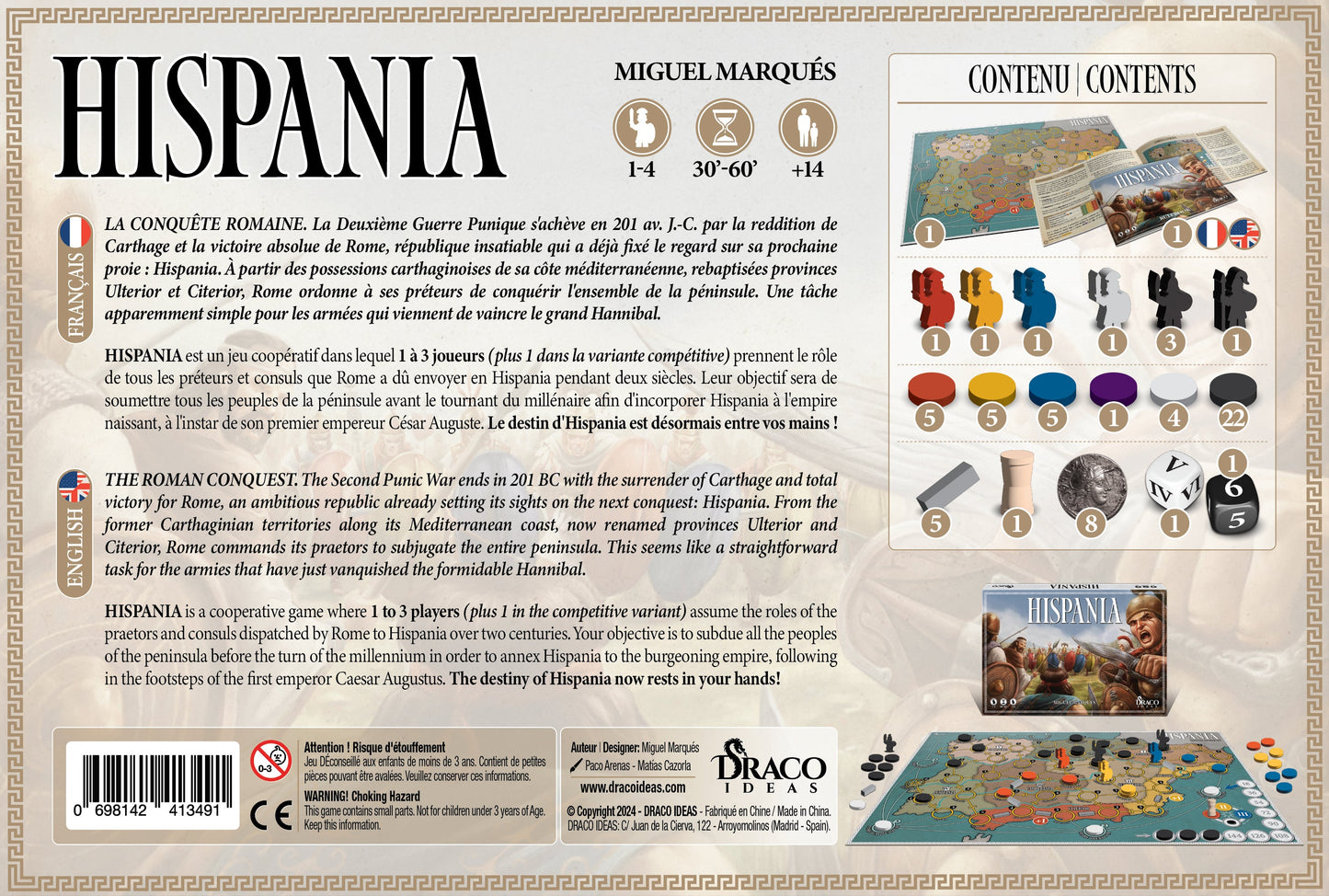The back of the "Hispania" board game box displays game details, a Roman conquest theme, and included components