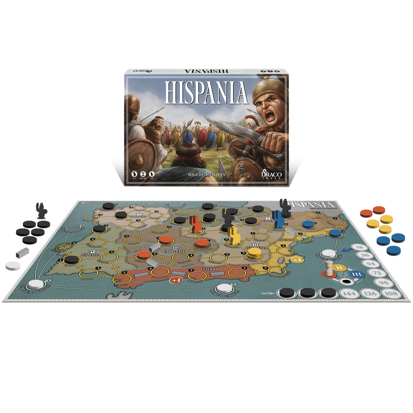 Hispania board game box with ancient warriors and the game board showing a map of Iberia with game pieces