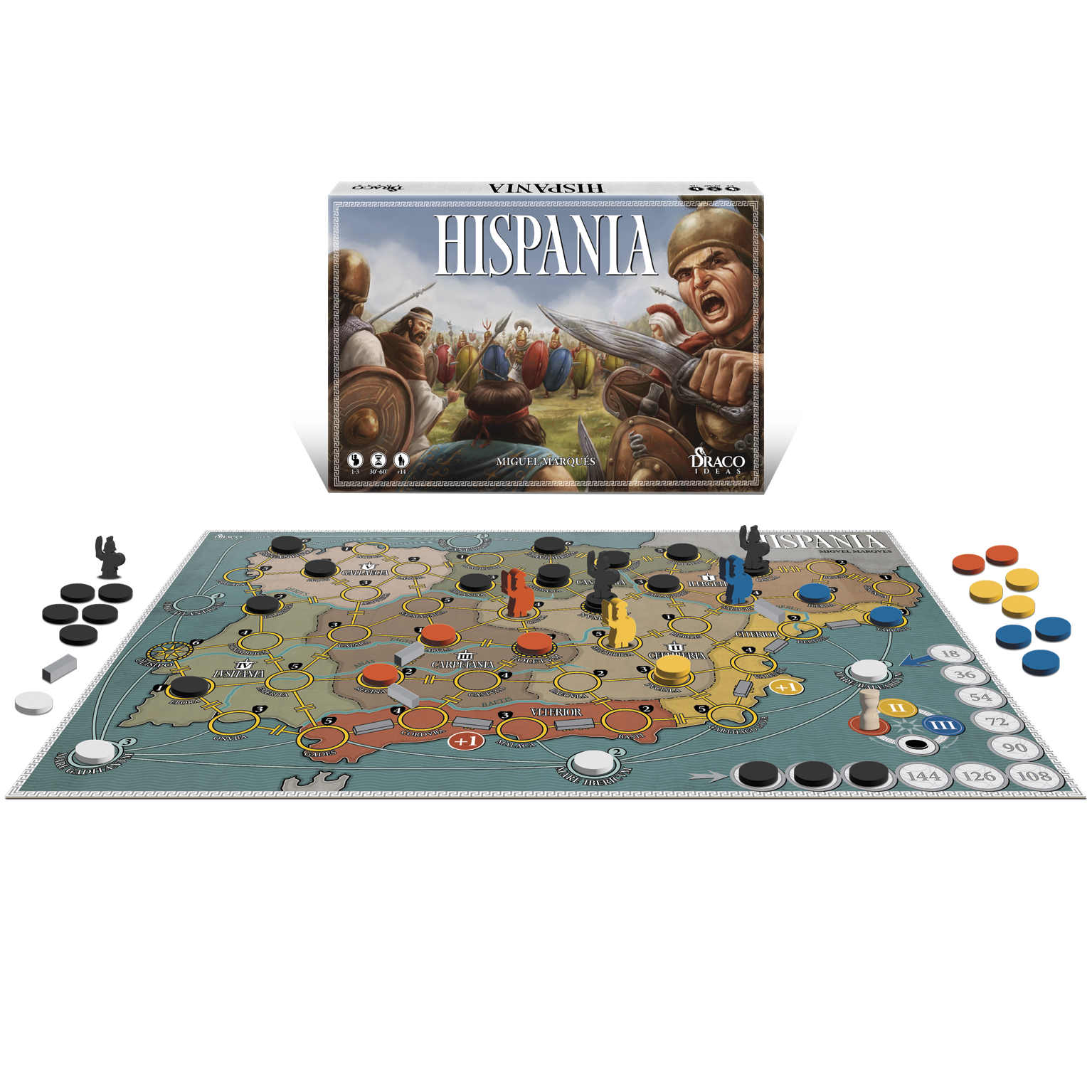 Hispania board game box with ancient warriors and the game board showing a map of Iberia with game pieces