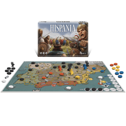 Hispania board game box with ancient warriors and the game board showing a map of Iberia with game pieces