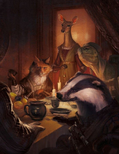 Anthropomorphic badger, fox, deer, and turtle are gathered around a candlelit table