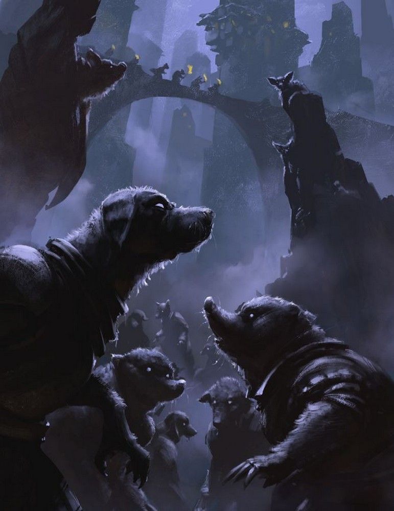 Two glowing-eyed animal figures, a dog and a mole, face a shadowy crowd in a dark, misty fantasy city