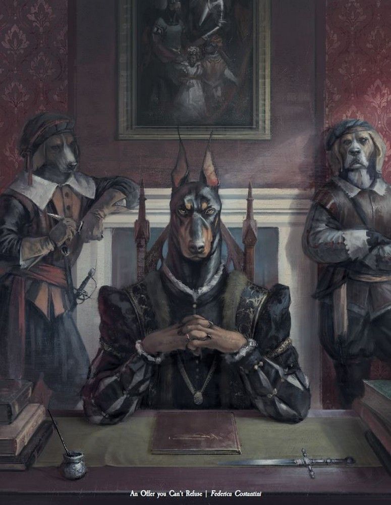 A Doberman in period attire sits at a desk with clasped hands, flanked by two other dogs, in a grand room