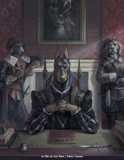 A Doberman in period attire sits at a desk with clasped hands, flanked by two other dogs, in a grand room