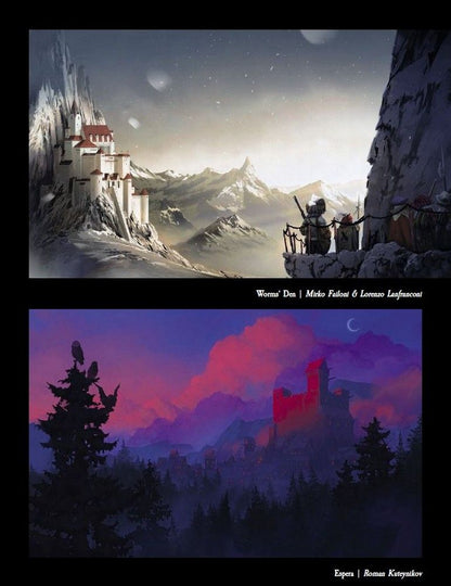 Two fantasy landscapes: a white castle in snowy mountains, and a dark castle against a vibrant red and purple sky