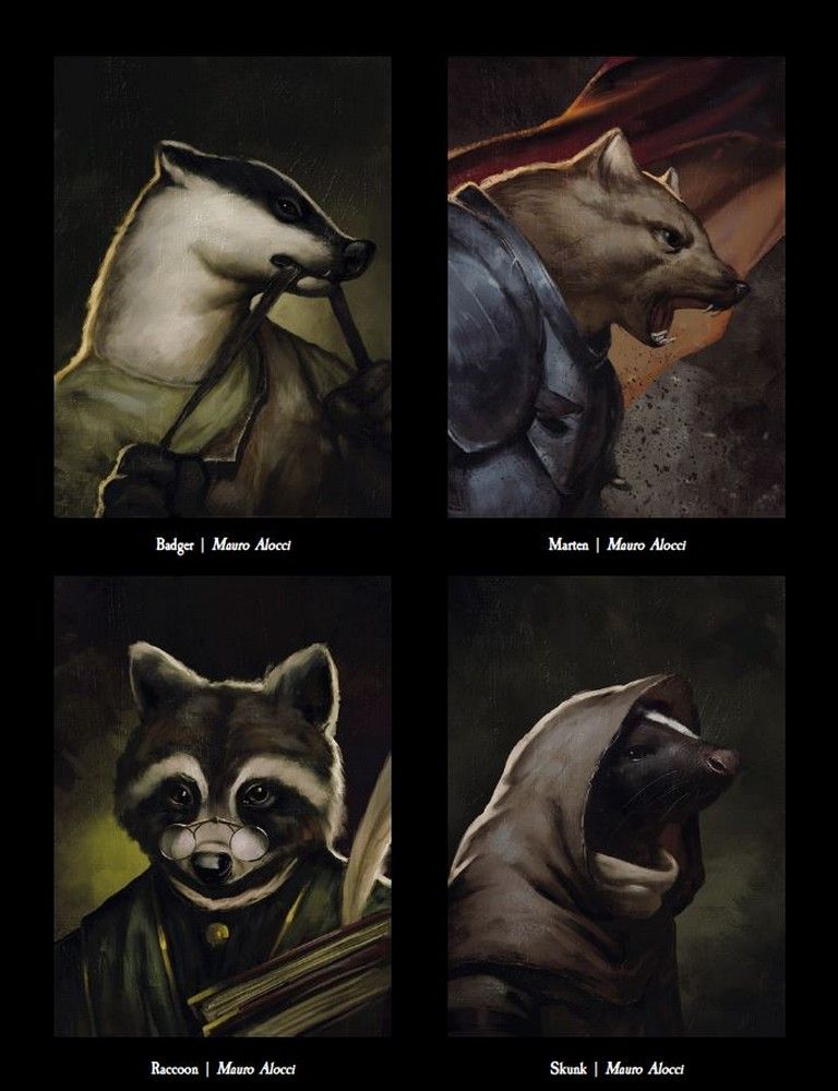 Four fantasy portraits of anthropomorphic animals: a badger, an armored marten, a scholarly raccoon, and a hooded skunk