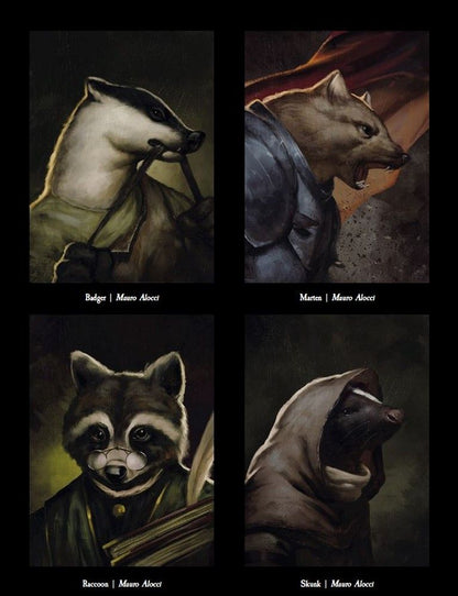 Four fantasy portraits of anthropomorphic animals: a badger, an armored marten, a scholarly raccoon, and a hooded skunk