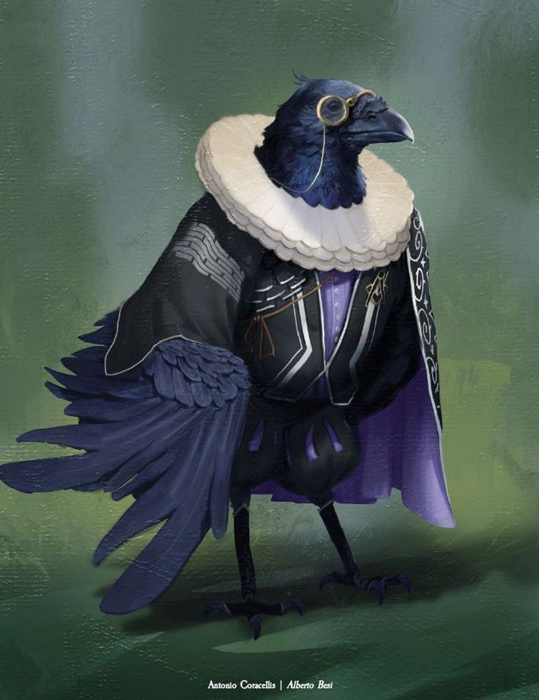 Distinguished crow wearing a white ruffled ruff, ornate black and purple clothing, and a monocle