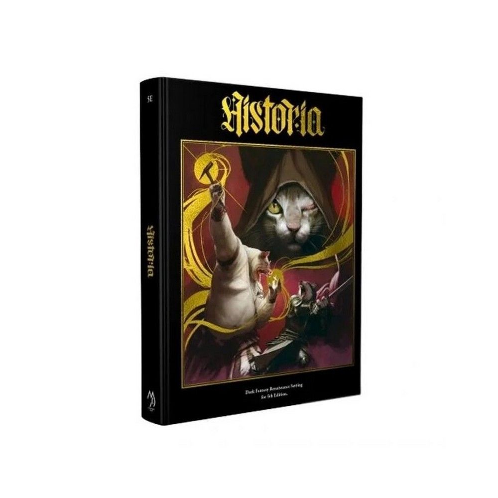 Dynamic "Historia" book cover: A hooded cat overlooks a bear-like humanoid attacking an armored foe