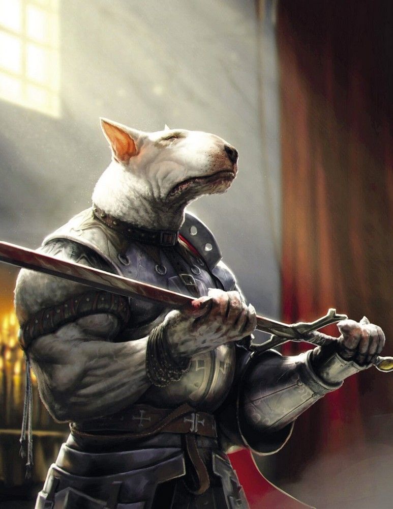 A Bull Terrier in elaborate plate armor, intently gripping a sword with both hands