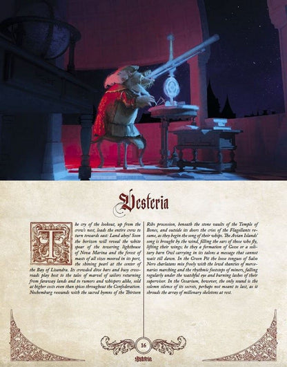Anthropomorphic rat-like creature in a red cloak looking through a telescope at a starry night sky