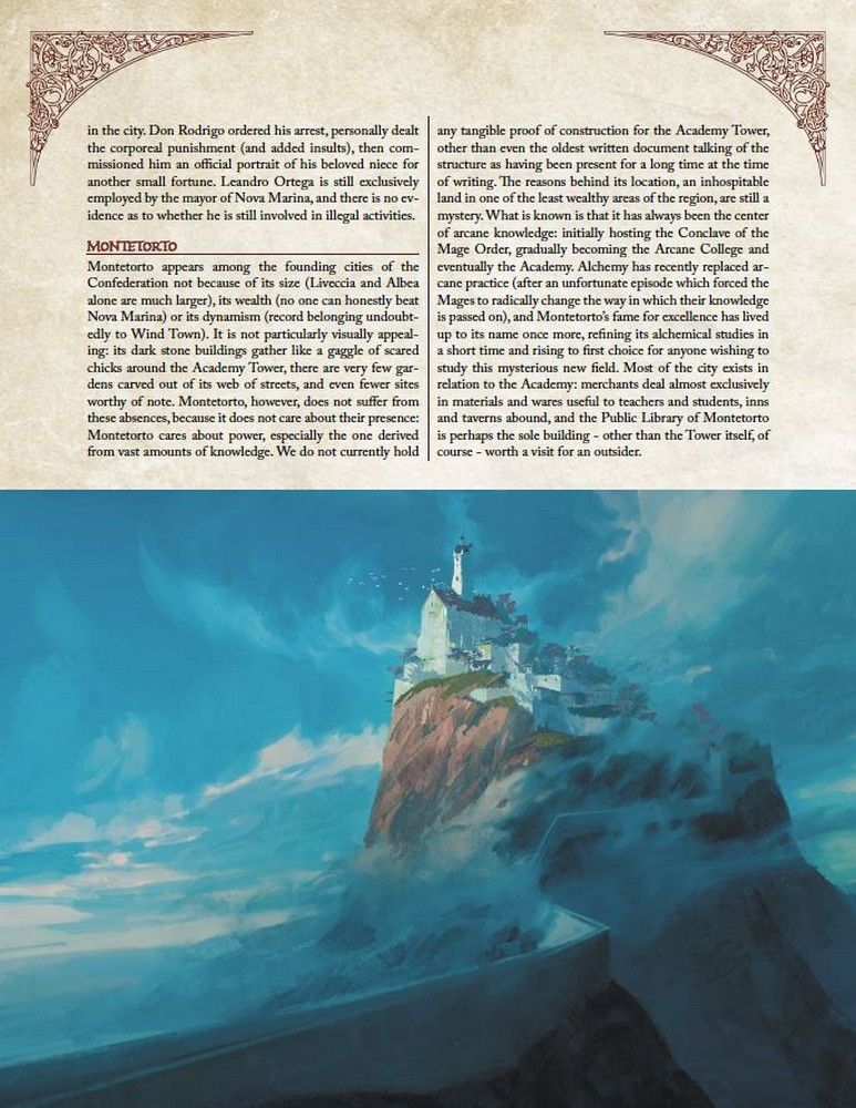 Illustration of a white castle & lighthouse on a tall, misty cliff, accompanied by text on a document page