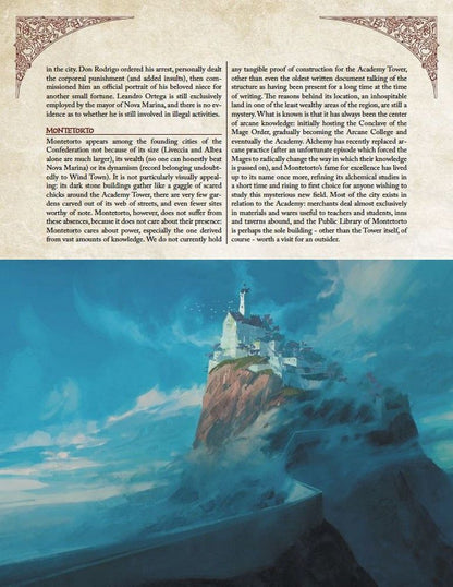 Illustration of a white castle & lighthouse on a tall, misty cliff, accompanied by text on a document page