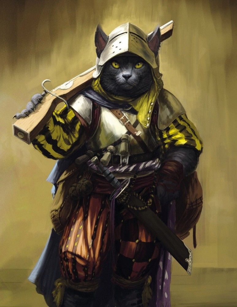 A black cat in medieval armor, with ears through its helmet, carries a crossbow on its shoulder and a sheathed sword