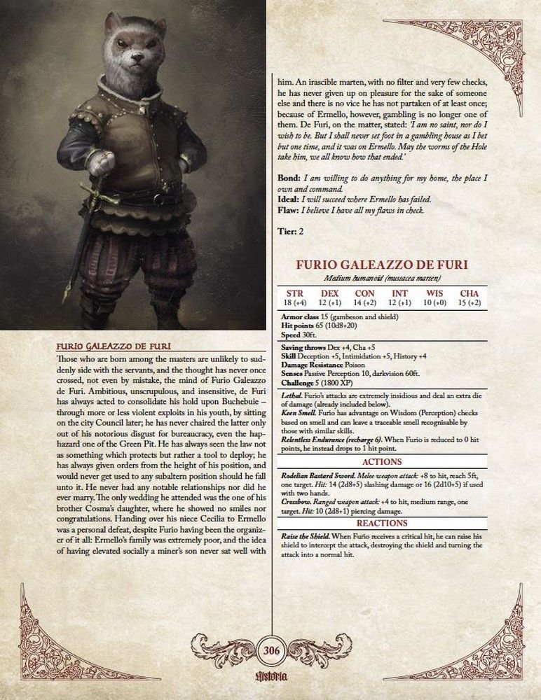 A grey anthropomorphic marten in medieval padded armor stands with hand on sword hilt, on an RPG sheet