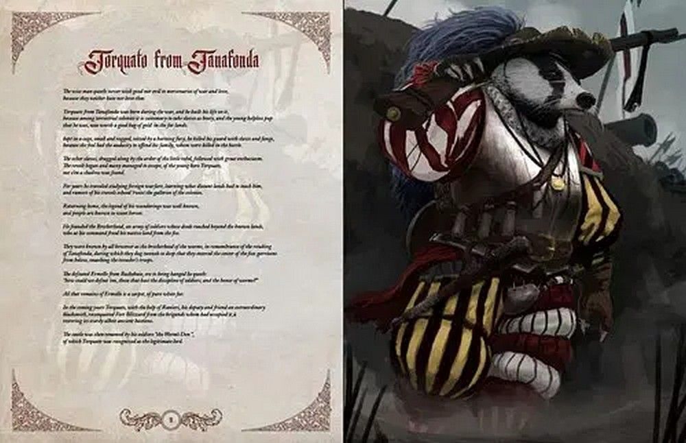Anthropomorphic badger warrior in elaborate armor with a musket, beside a page of lore titled "Torquato from Janafuonda"