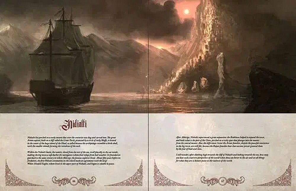 Fantasy art on a book spread: A large sailing ship approaches a fortified cliff city under a dramatic orange sky