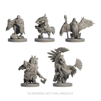 Five gray 3D renders of anthropomorphic owl, fox, and bird miniatures with weapons and instruments.