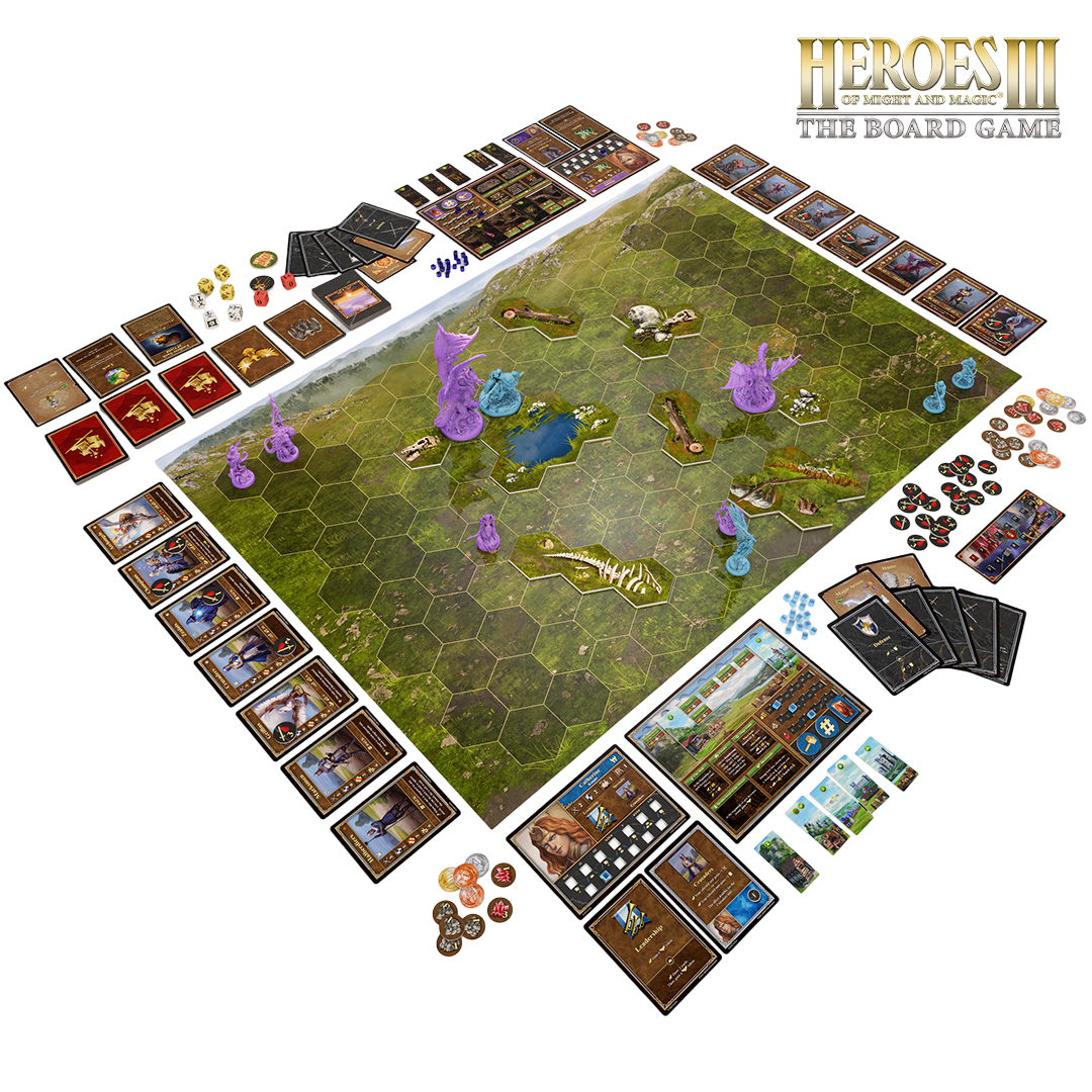 Heroes of Might and Magic III: The Board Game displayed, with a hex map, miniatures, cards, and tokens