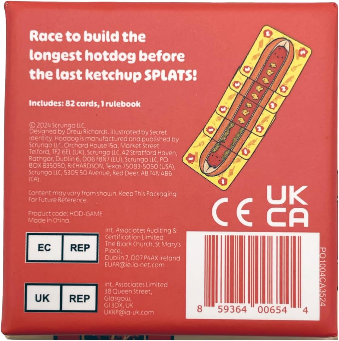 Red game box for "Race to build the longest hotdog", showing a cartoon hotdog made of card pieces