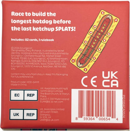 Red game box for "Race to build the longest hotdog", showing a cartoon hotdog made of card pieces