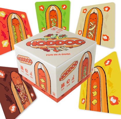 HODDOG game box with colorful cards featuring smiling hot dogs and toppings fanned around it