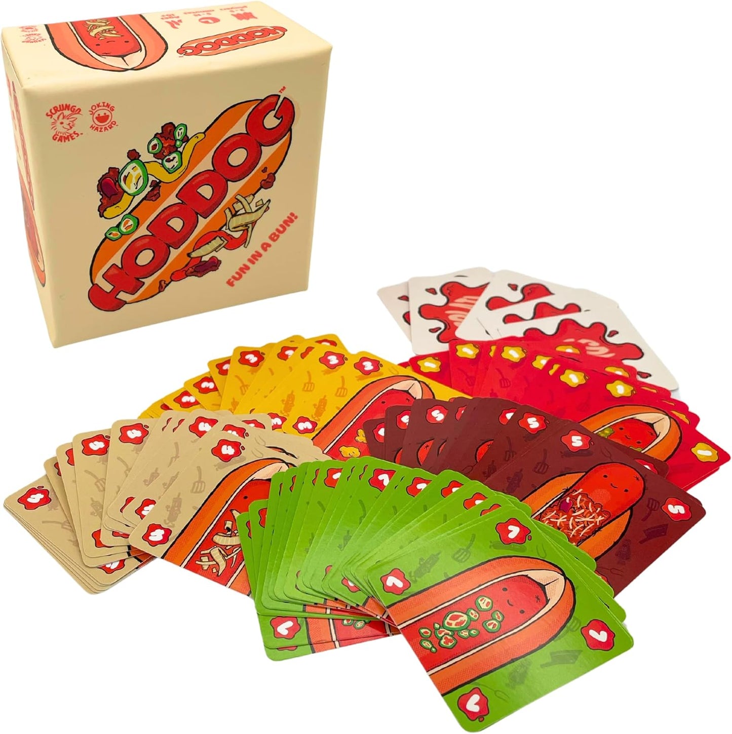Hoddog card game box behind fanned-out stacks of colorful cards with hot dog illustrations and toppings