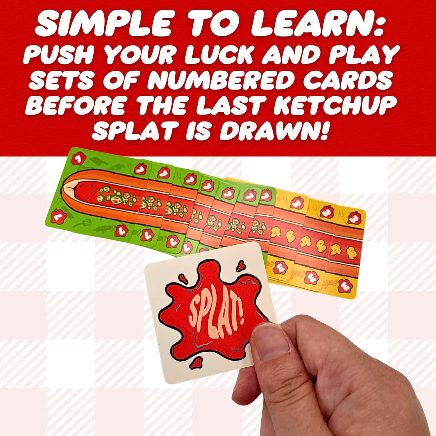 A hand holds a "SPLAT!" ketchup card. Behind it, a line of hot dog-themed game cards and game instructions appear