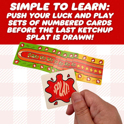 A hand holds a "SPLAT!" ketchup card. Behind it, a line of hot dog-themed game cards and game instructions appear