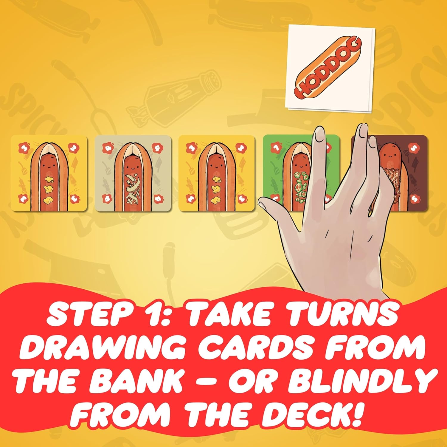 A hand drawing hot dog game cards from a row of ingredient cards, with a "Hoddog" card and game instructions visible